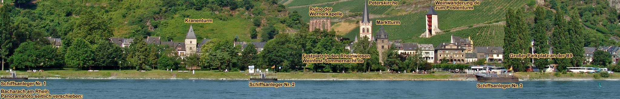 Panorama picture of Bacharach on the Rhine River with boat landing stages