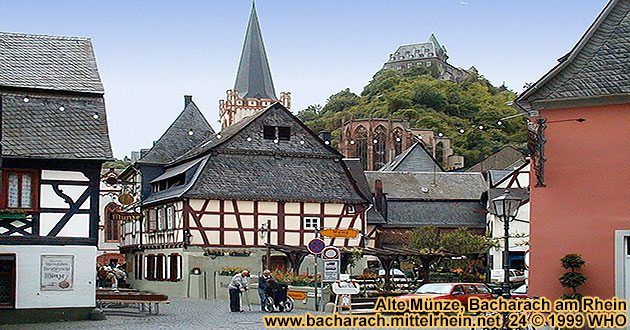 Bacharach on the Rhine river with Old Mint (Alte Munze, Peters Church (Peterskirche) Ruins of Saint Werner's Chapel (Wernerkapelle) and Castle (Burg) Stahleck.
