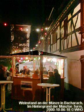 Wine booth on the Mint in Bacharach on the Rhine River. In the background the Mint Tower.